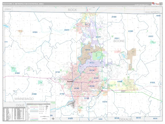 Rockford Metro Area ZIP Code Wall Map, Classic style