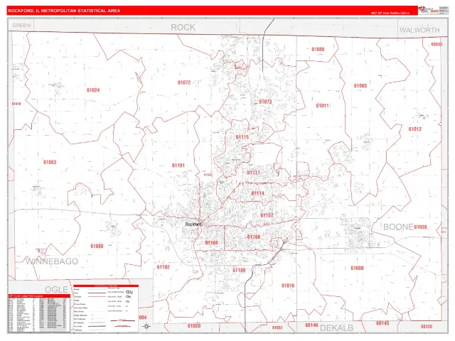 Rockford Metro Area ZIP Code Wall Map, RedLine style
