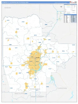 Springfield Metro Area Business Reference style ZIP Code wall map