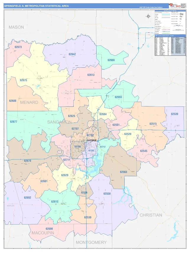 Springfield Metro Area ZIP Code Wall Map, ColorCast style