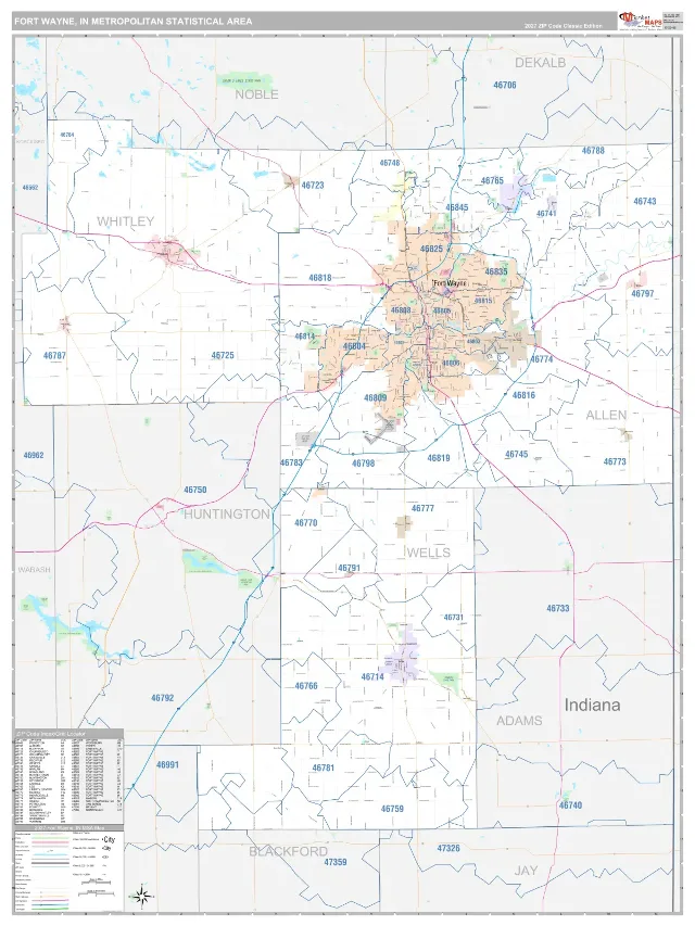Fort Wayne Metro Area ZIP Code Wall Map, Classic style