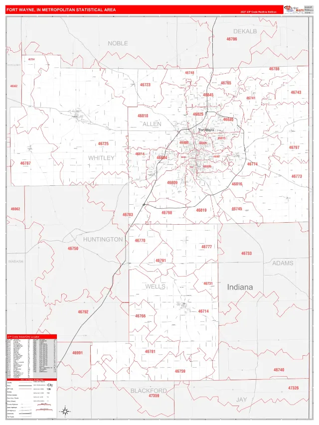 Fort Wayne Metro Area ZIP Code Wall Map, RedLine style