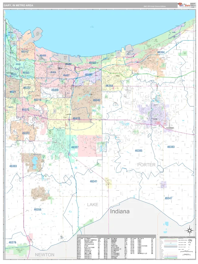 Gary Metro Area ZIP Code Wall Map, Classic style