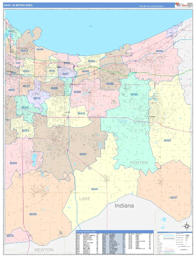 Gary Metro Area ZIP Code Wall Map, ColorCast style