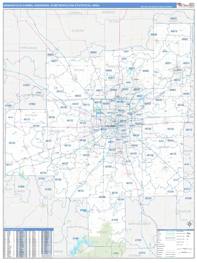 Indianapolis-Carmel-Anderson Metro Area ZIP Code Wall Map, Business Reference style