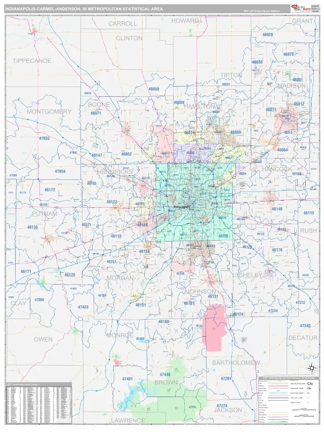Indianapolis-Carmel-Anderson Metro Area ZIP Code Wall Map, Classic style