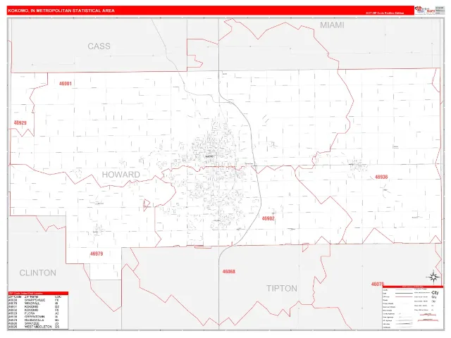 Kokomo Metro Area ZIP Code Wall Map, RedLine style