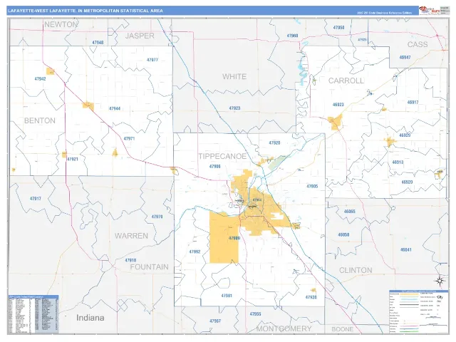 Lafayette-West Lafayette Metro Area ZIP Code Wall Map, Business Reference style