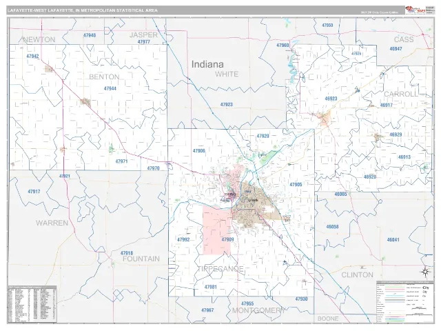 Lafayette-West Lafayette Metro Area ZIP Code Wall Map, Classic style