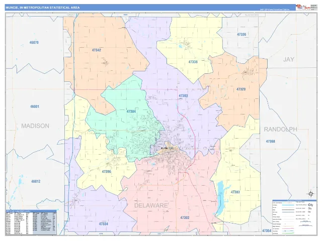 Muncie Metro Area ZIP Code Wall Map, ColorCast style
