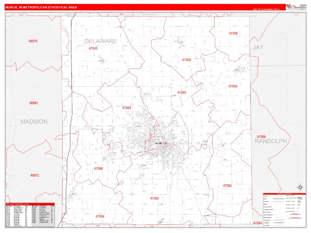 Muncie Metro Area ZIP Code Wall Map, RedLine style