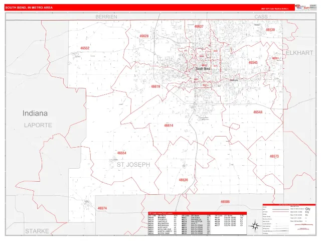 South Bend Metro Area ZIP Code Wall Map, RedLine style