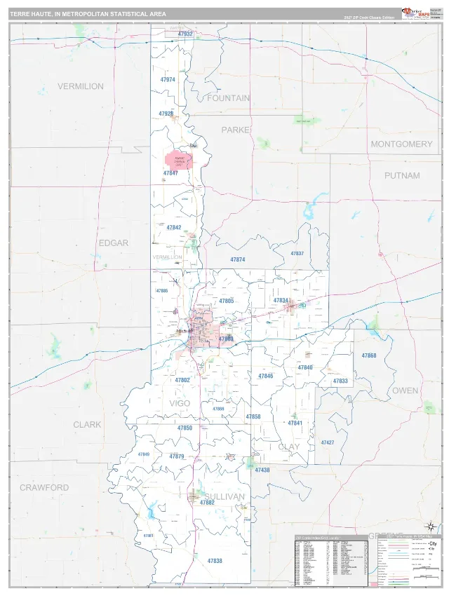 Terre Haute Metro Area ZIP Code Wall Map, Classic style