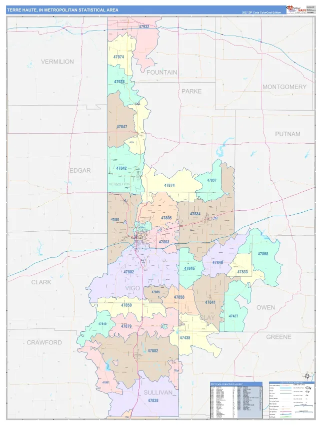 Terre Haute Metro Area ZIP Code Wall Map, ColorCast style