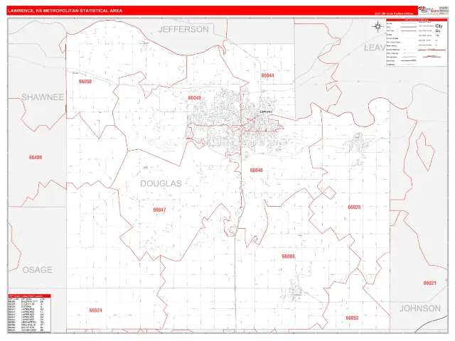 Lawrence Metro Area ZIP Code Wall Map, RedLine style