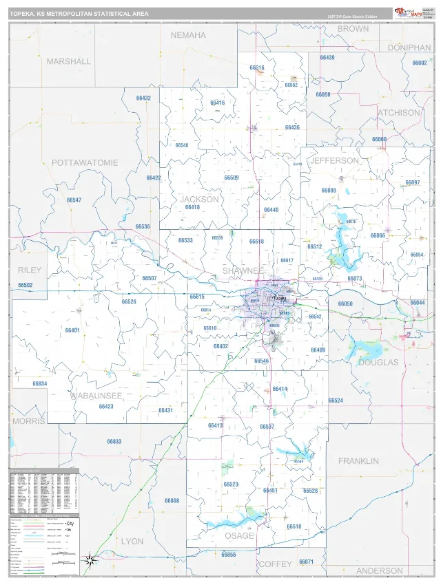 Topeka Metro Area ZIP Code Wall Map, Classic style