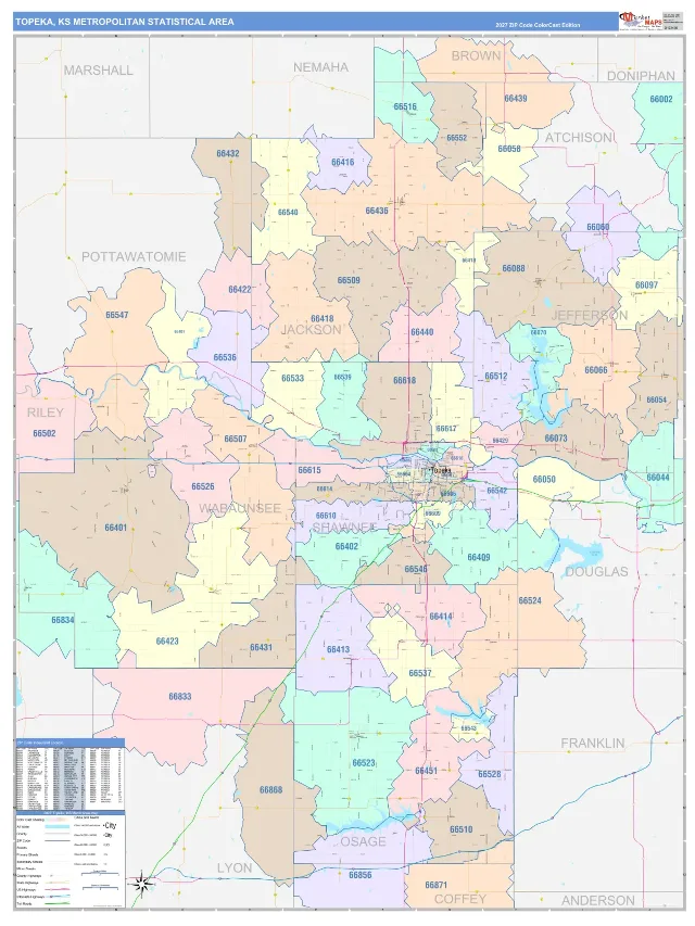 Topeka Metro Area ZIP Code Wall Map, ColorCast style
