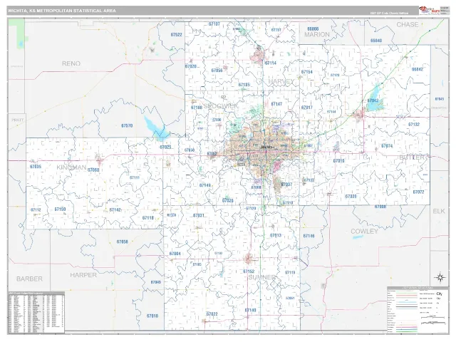 Wichita Metro Area ZIP Code Wall Map, Classic style