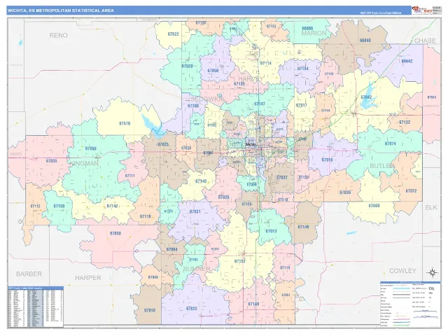 Wichita Metro Area ZIP Code Wall Map, ColorCast style