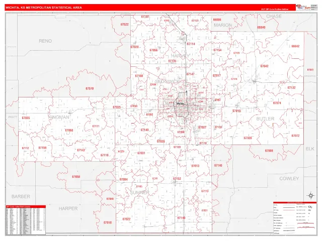 Wichita Metro Area ZIP Code Wall Map, RedLine style
