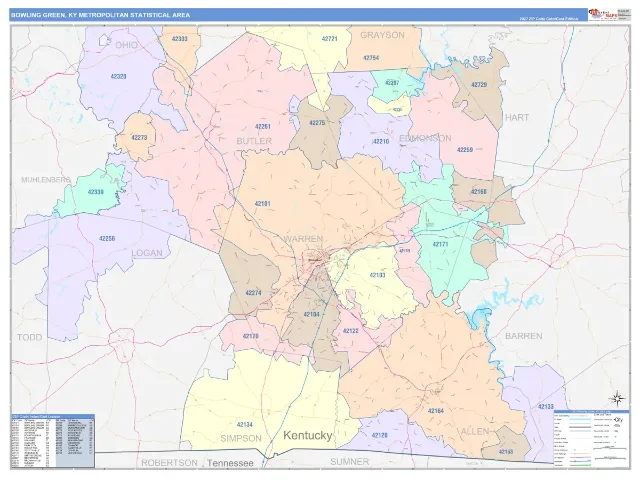 Bowling Green Metro Area ZIP Code Wall Map, ColorCast style