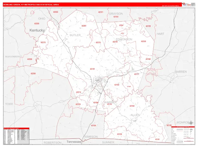Bowling Green Metro Area ZIP Code Wall Map, RedLine style