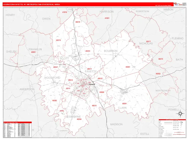 Lexington-Fayette Metro Area ZIP Code Wall Map, RedLine style