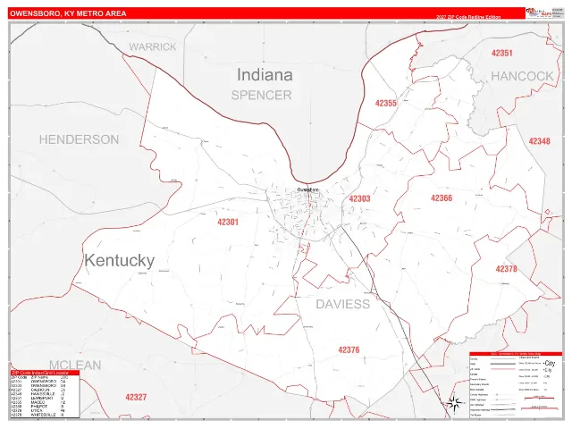 Owensboro Metro Area ZIP Code Wall Map, RedLine style