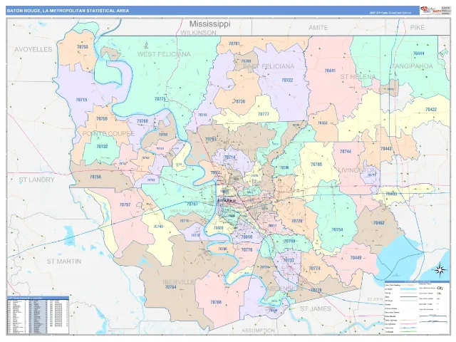 Baton Rouge Metro Area ZIP Code Wall Map, ColorCast style