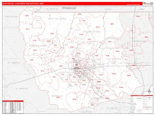 Baton Rouge Metro Area RedLine style ZIP Code wall map
