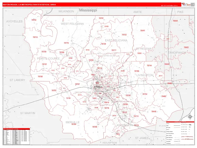 Baton Rouge Metro Area ZIP Code Wall Map, RedLine style