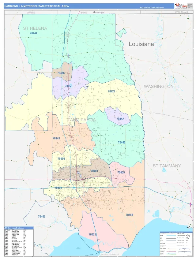 Hammond Metro Area ZIP Code Wall Map, ColorCast style