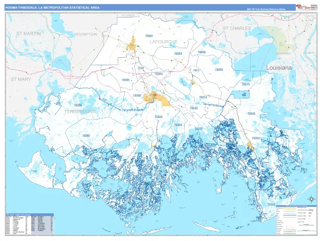 Houma-Thibodaux Metro Area ZIP Code Wall Map, Business Reference style