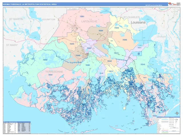 Houma-Thibodaux Metro Area ZIP Code Wall Map, ColorCast style