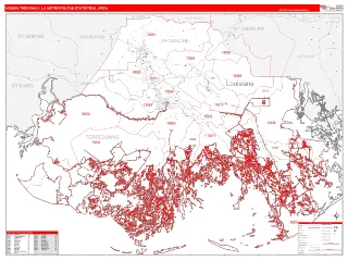 Houma-Thibodaux Metro Area RedLine style ZIP Code wall map