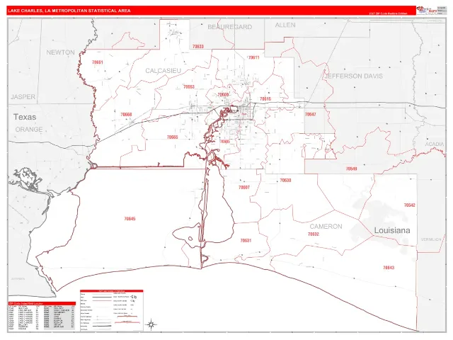 Lake Charles Metro Area ZIP Code Wall Map, RedLine style