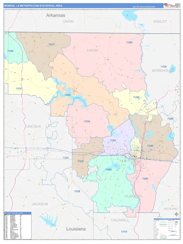 Monroe Metro Area ZIP Code Wall Map, ColorCast style