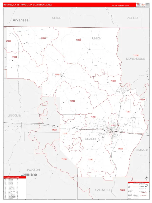 Monroe Metro Area ZIP Code Wall Map, RedLine style