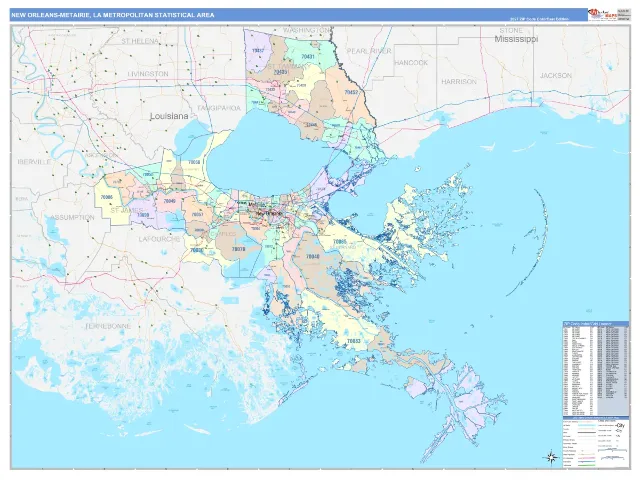 New Orleans-Metairie Metro Area ZIP Code Wall Map, ColorCast style