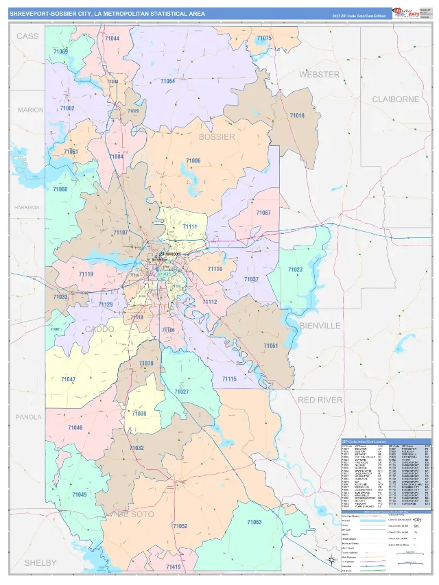Shreveport-Bossier City Metro Area ZIP Code Wall Map, ColorCast style