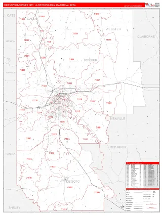 Shreveport-Bossier City Metro Area RedLine style ZIP Code wall map