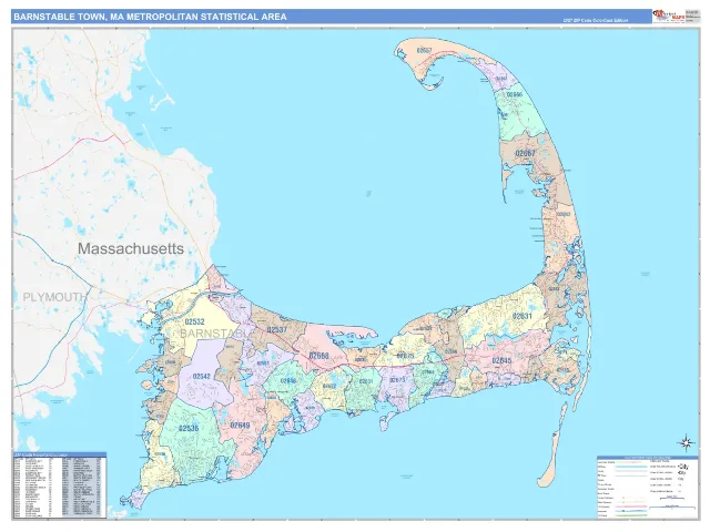 Barnstable Town Metro Area ZIP Code Wall Map, ColorCast style