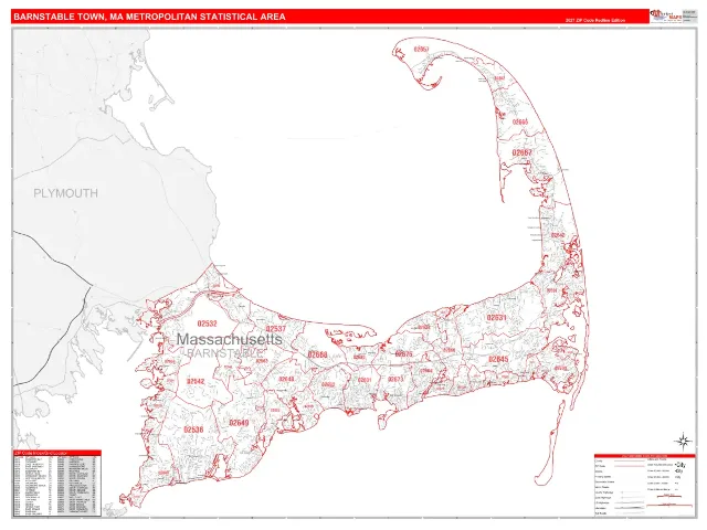 Barnstable Town Metro Area ZIP Code Wall Map, RedLine style