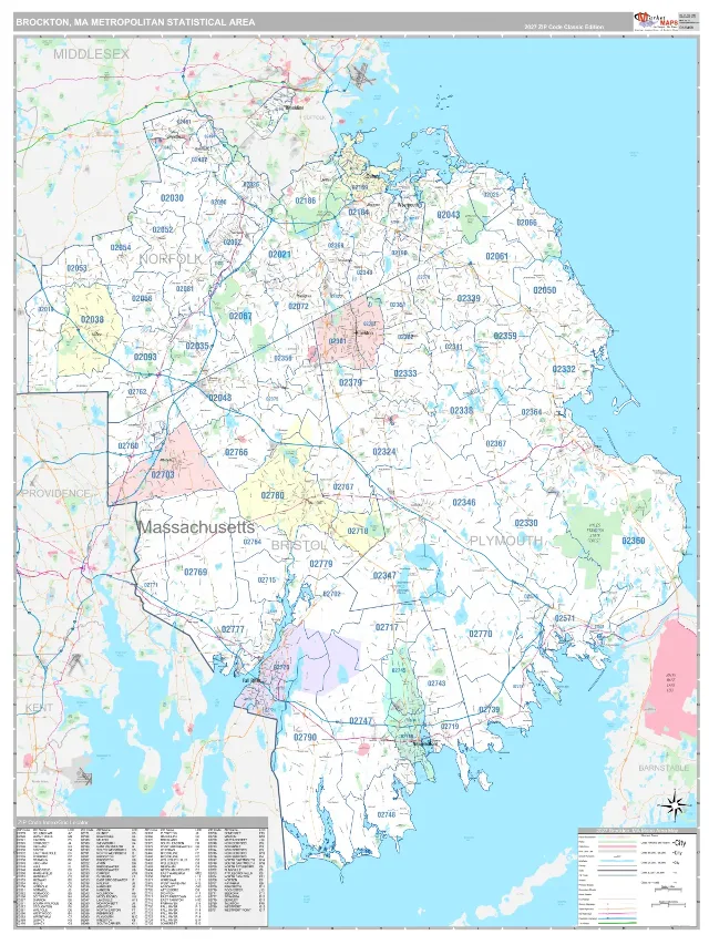 Brockton Metro Area ZIP Code Wall Map, Classic style