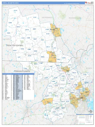 Lowell Metro Area Business Reference style ZIP Code wall map