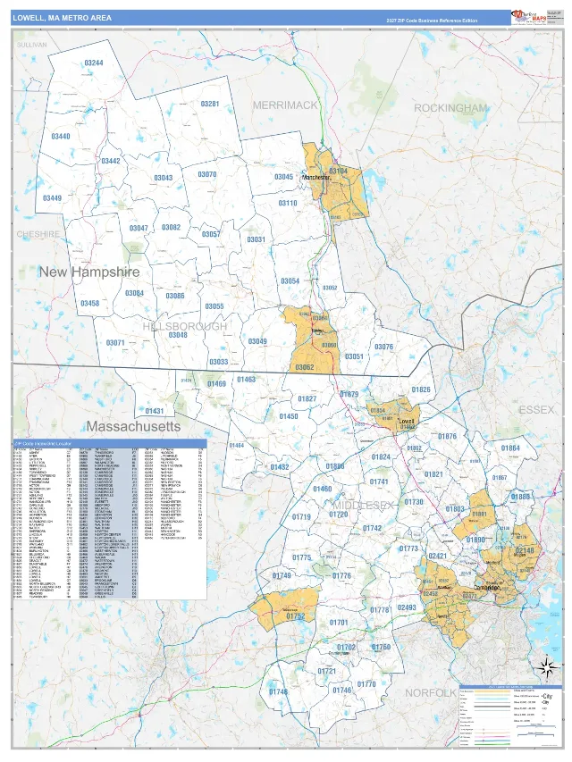 Lowell Metro Area ZIP Code Wall Map, Business Reference style