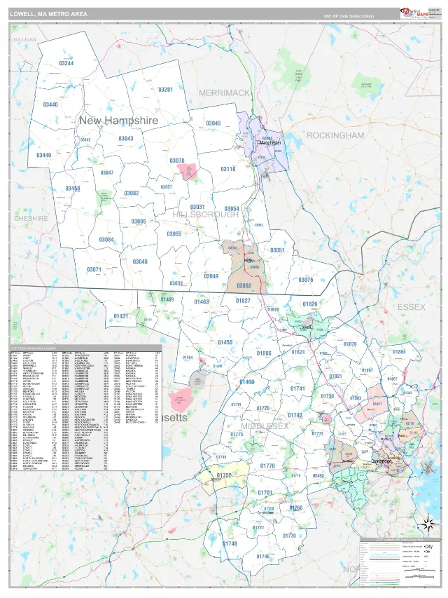Lowell Metro Area ZIP Code Wall Map, Classic style