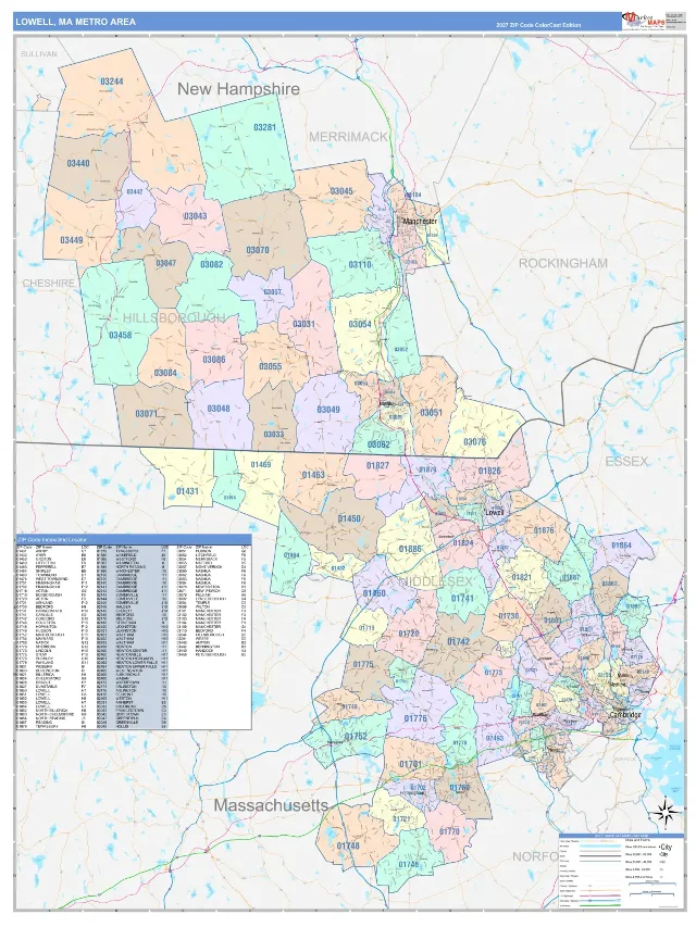 Lowell Metro Area ZIP Code Wall Map, ColorCast style