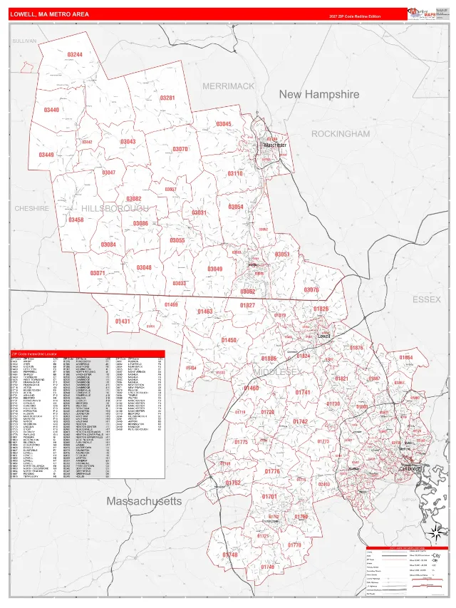 Lowell Metro Area ZIP Code Wall Map, RedLine style