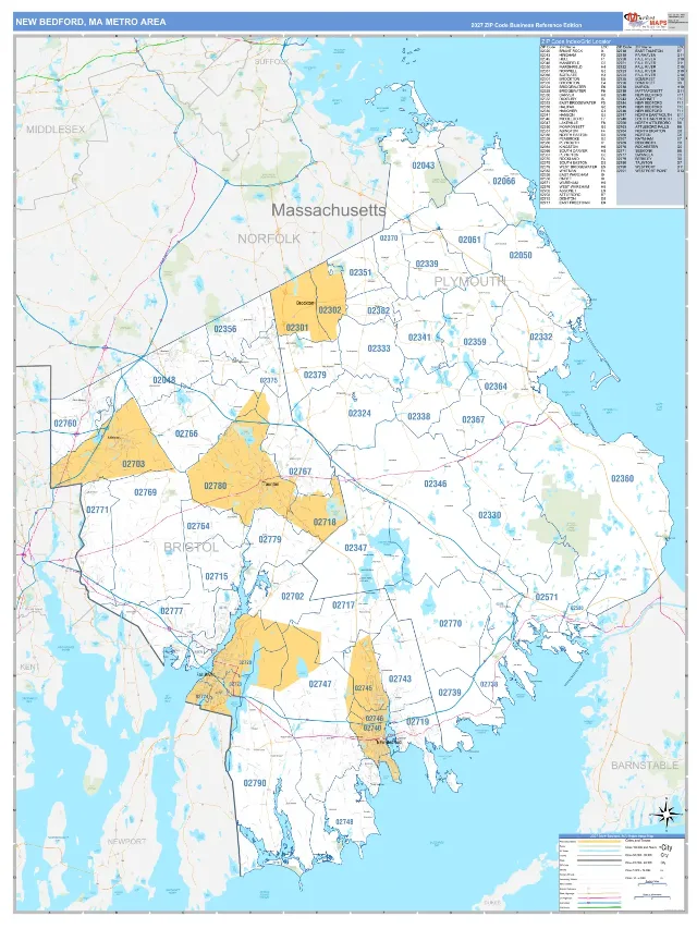 New Bedford Metro Area ZIP Code Wall Map, Business Reference style